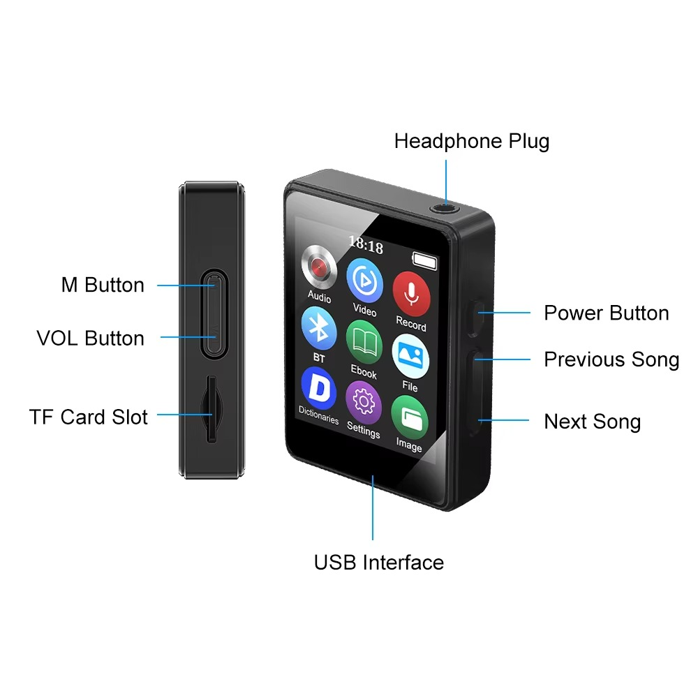 Skanto | Bærbar Bluetooth MP3-spiller med HiFi-stereo, Mini MP4 videovisning, LED-skjerm og stemmeopptak