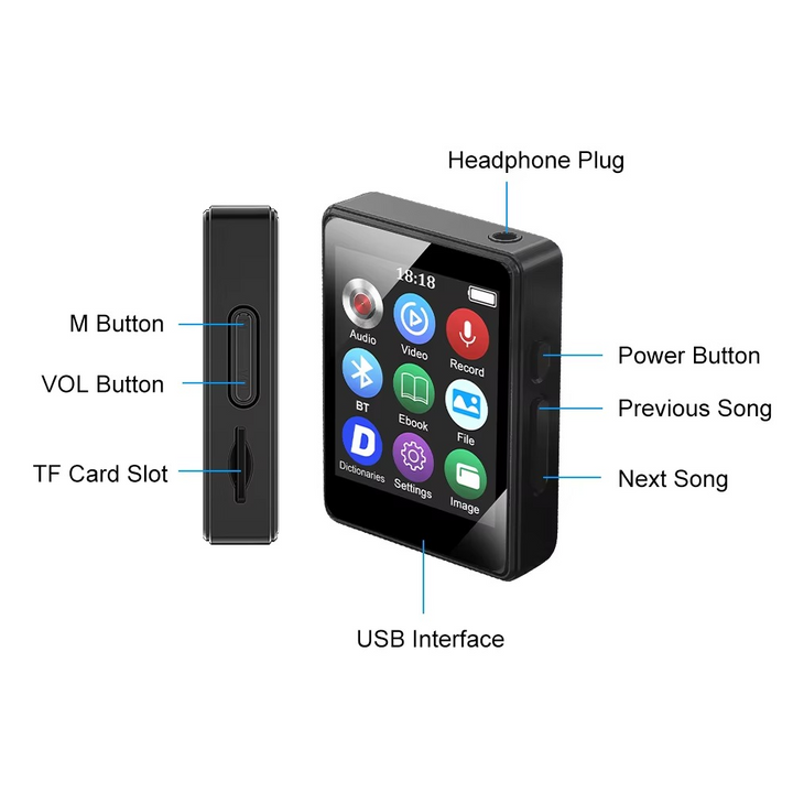 Skanto | Bærbar Bluetooth MP3-spiller med HiFi-stereo, Mini MP4 videovisning, LED-skjerm og stemmeopptak