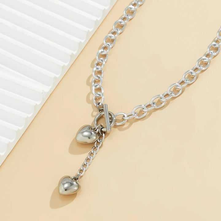 Skanto | Bold Chunky Chain Link Dual Heart Lariat Halskjede & Armbånd