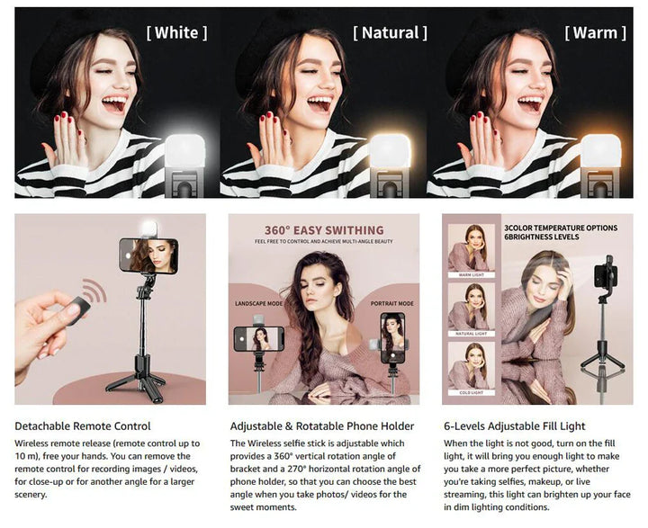 Skanto | Bluetooth Selfie Stick Stativ med Fylllys