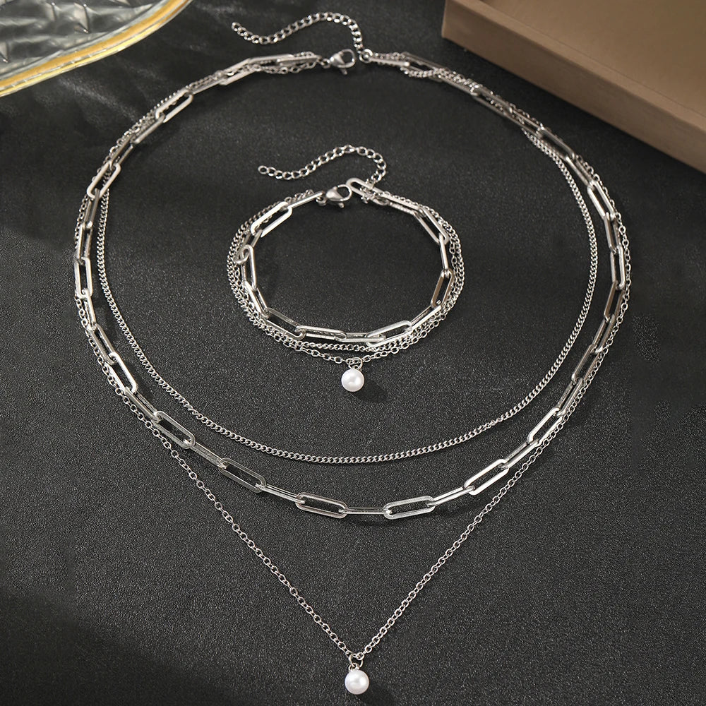 Skanto | Paperclip & Curb Chain Delikat Perle Armbånd og Halskjede Stabelsett