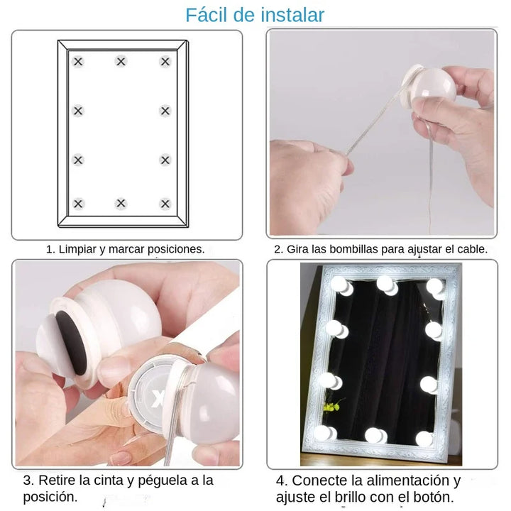 Skanto | Glamora | LED Makeup Speil Lys Sett | 10 Hollywood-Stil Lamper | USB, Dimmbar & 3 Fargemodi