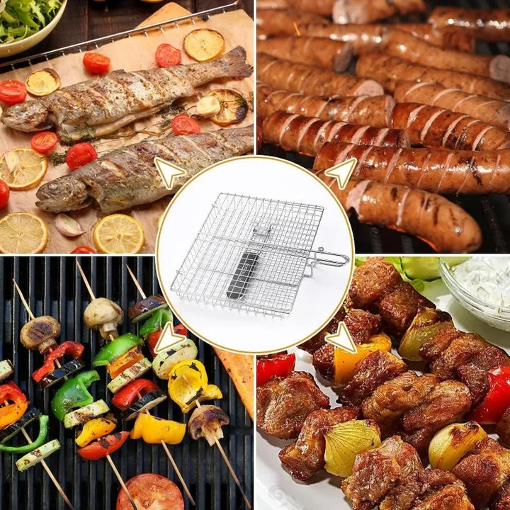 Skanto | Stor rustfritt stål grillkurv – Sammenleggbart BBQ-hylle for fisk, bærbart utendørs camping- & kjøkkenutstyr