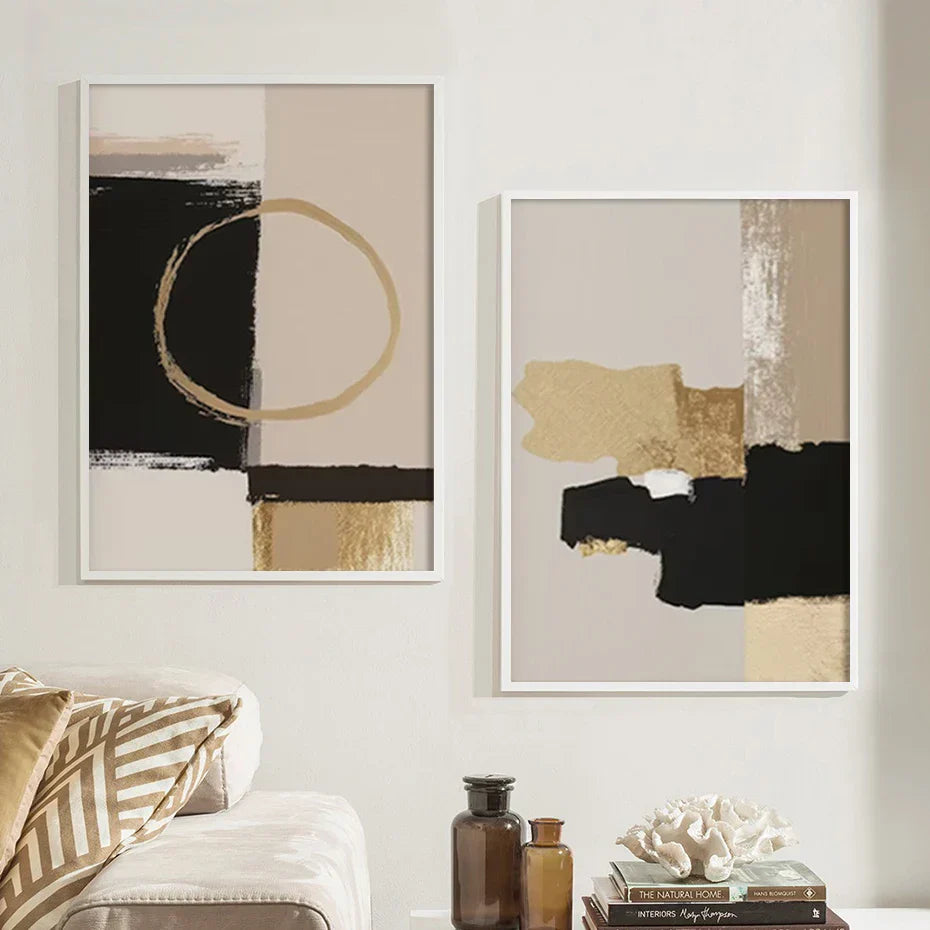 Black Beige Golden Color Block Abstract Wall Art Artistic Canvas Prints Modern Pictures for Living Room Bedroom Contemporary Interior Decor | Skanto