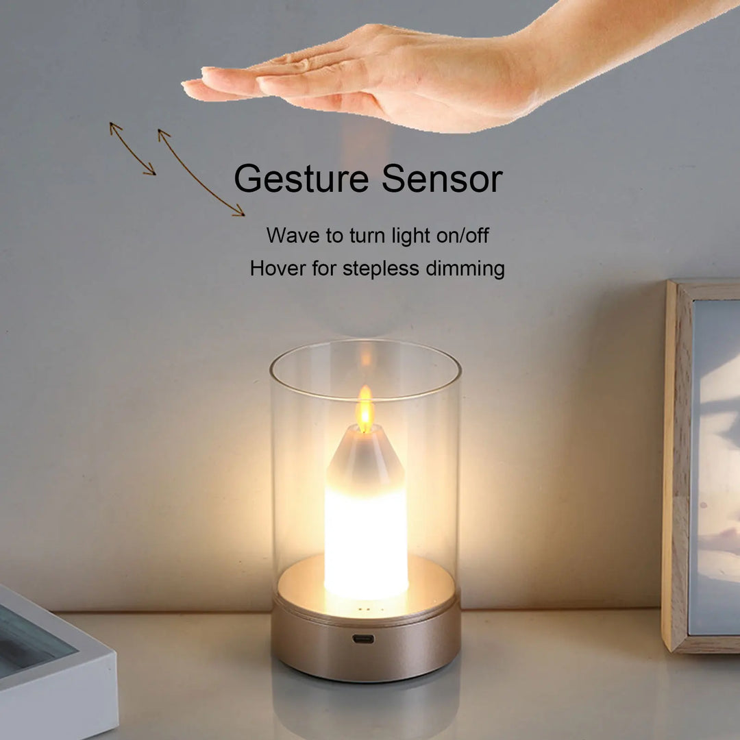 Skanto | AuraFlame LED Lys | Gesterkontroll & Trinnløs Dimming | USB Ladbar | Varmt Lys 2400K | 8,5 × 8,5 × 13 cm