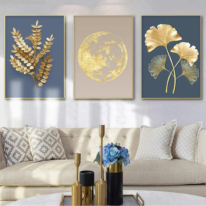 Blue Minimalist Golden Abstract Floral Wall Art Fine Art Canvas Prints Pictures for Luxury Living Room Dining Room Home Office Art Decor | Skanto