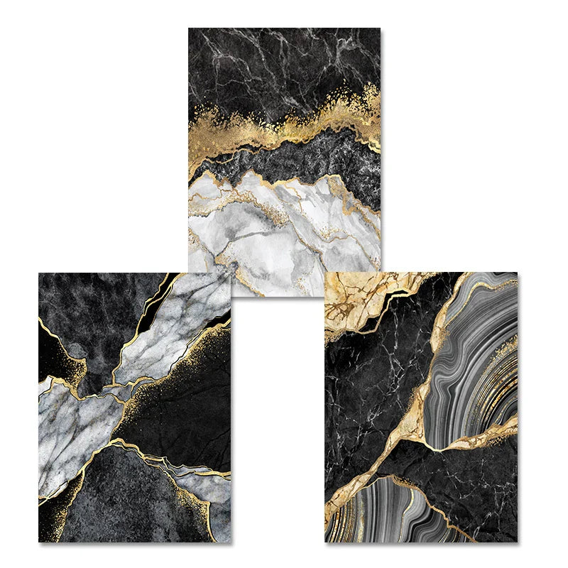 Modern Abstract Black Gray Gold Geode Marble Print Wall Art Fine Art Canvas Print Pictures For Luxury Apartment Living Room Home Office Decor | Skanto