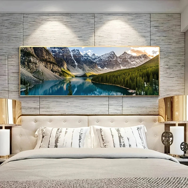 Mountain Lake Forest Wilderness Wall Art Large Format Canvas Prints Wide Landscape Above Sofa or Bed | Skanto