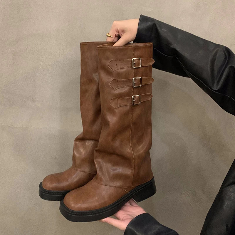 Skanto | Retro Stil Kne-Høye Støvler Kvinner Mote Kvinner Slip-On Ridder Lange Støvler Høst Vinter Kvinner Fottøy