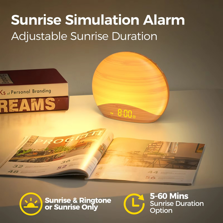 Skanto | Sunrise Wake-Up Light Alarmklokke med 8 farger, 26 søvnlyder og tregrainedesign