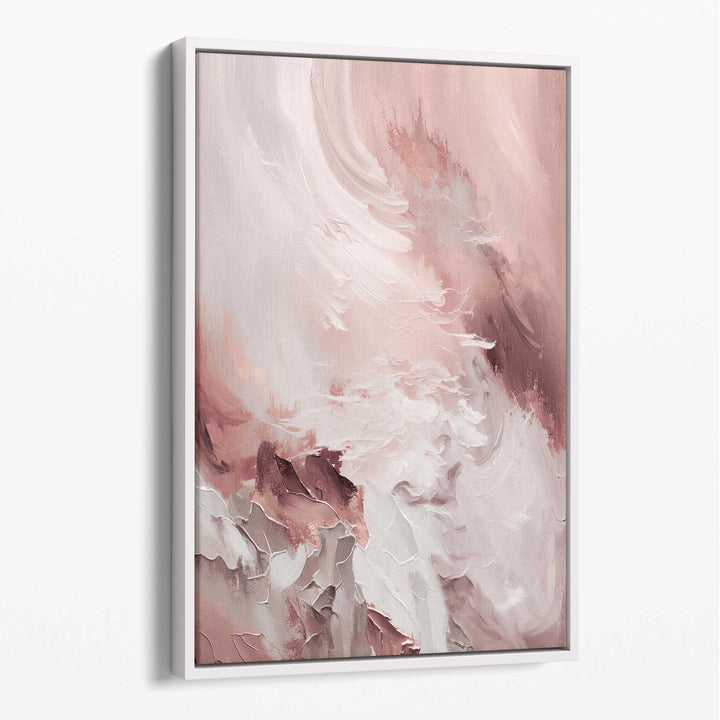 Abstrakt rosa og hvitt lerretsmaleri, penselstrøk nr. 1