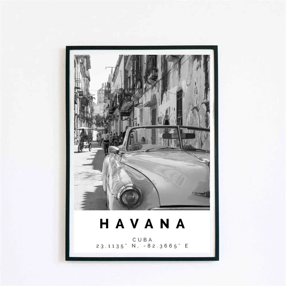 Cuba Havana Black & White Travel Poster Wall Art Fine Art Canvas Print Pictures For Living Room Dining Room | Skanto