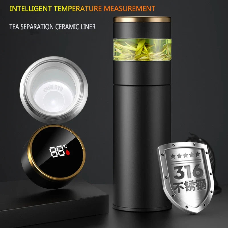 Skanto | ThermoBrew | Isolert flaske med LED temperaturskjerm og tefilter | 450 ml | Rustfritt stål 304 | Svart
