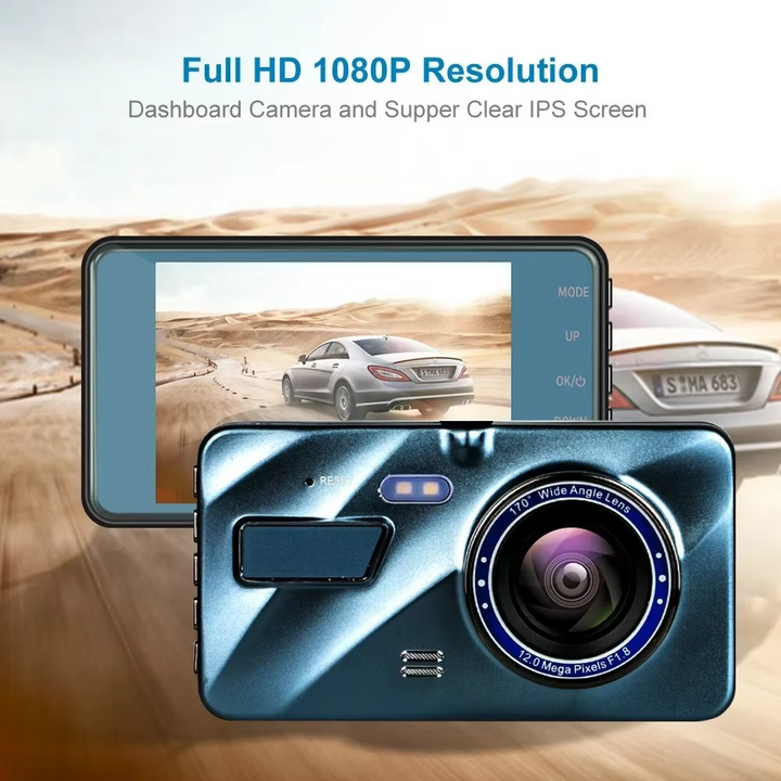 Skanto | 4" Dobbeltlinse Dash Cam med Full HD 1080P, Nattesyn, Front- og Bakvisning, Loopopptak, Aluminiumslegering Svart Boks