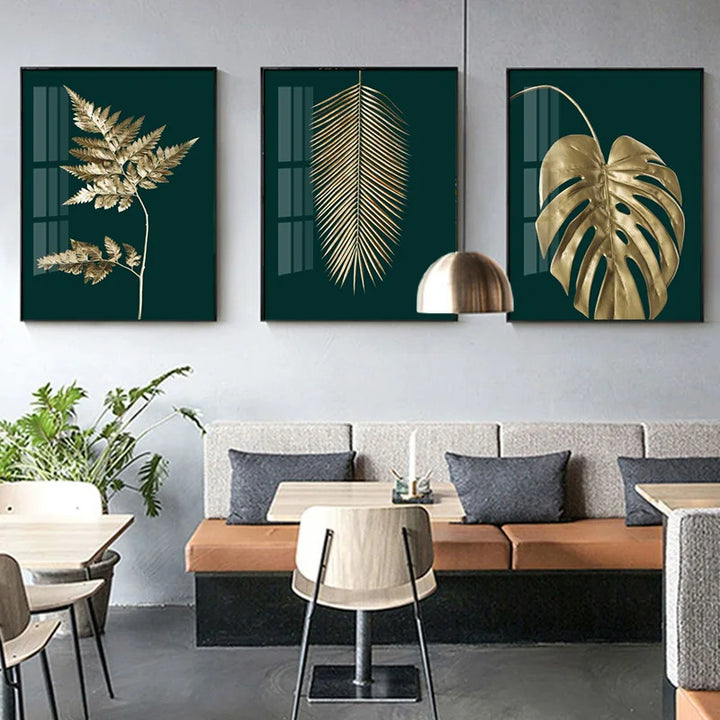 Abstract tropical botanicals golden leaves wall art artistic canvas prints pictures for living room dining room light luxurious interior decor | Skanto