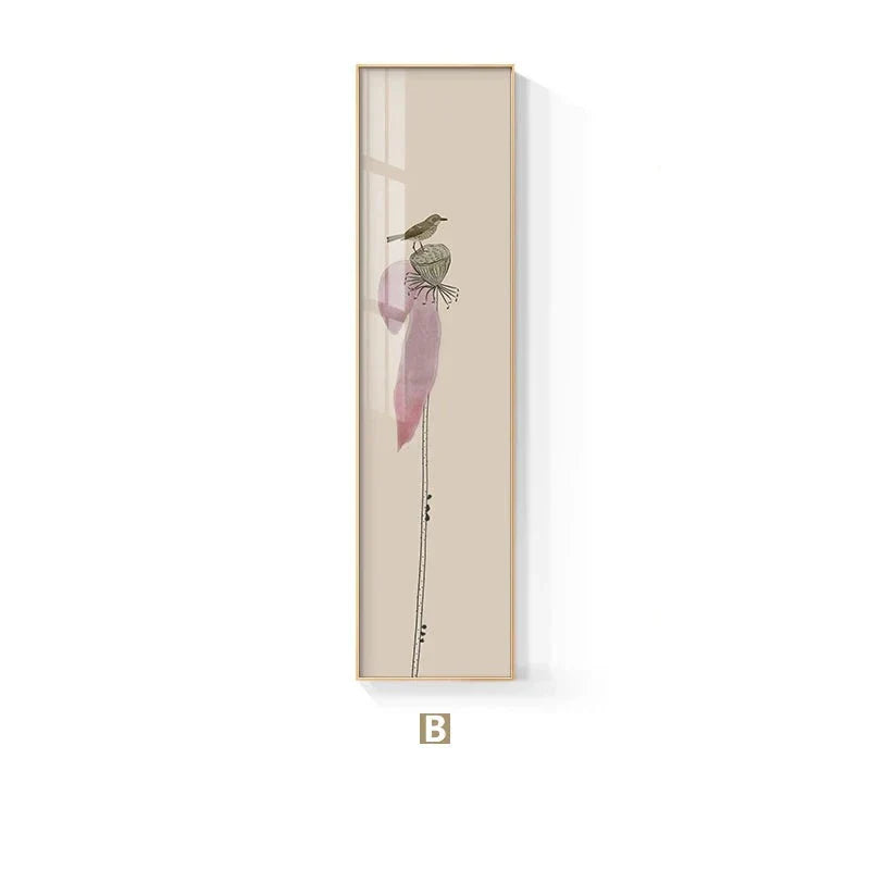 Minimalist Floral Bird & Butterfly Wall Art Fine Art Canvas Prints Tall Vertical Pictures for Foyer Lobby Reception Room Art Decor | Skanto