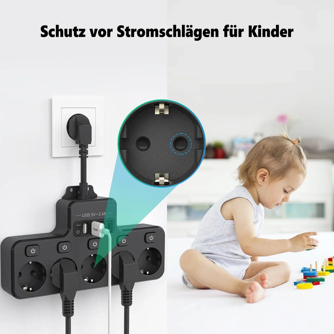 Skanto | Voltaro Pro 9-i-1 | Strømskinne EU | 5 AC-utganger + 4 USB (2× Type-C) | Individuell bryter | 16A | Kort kabel 10 cm