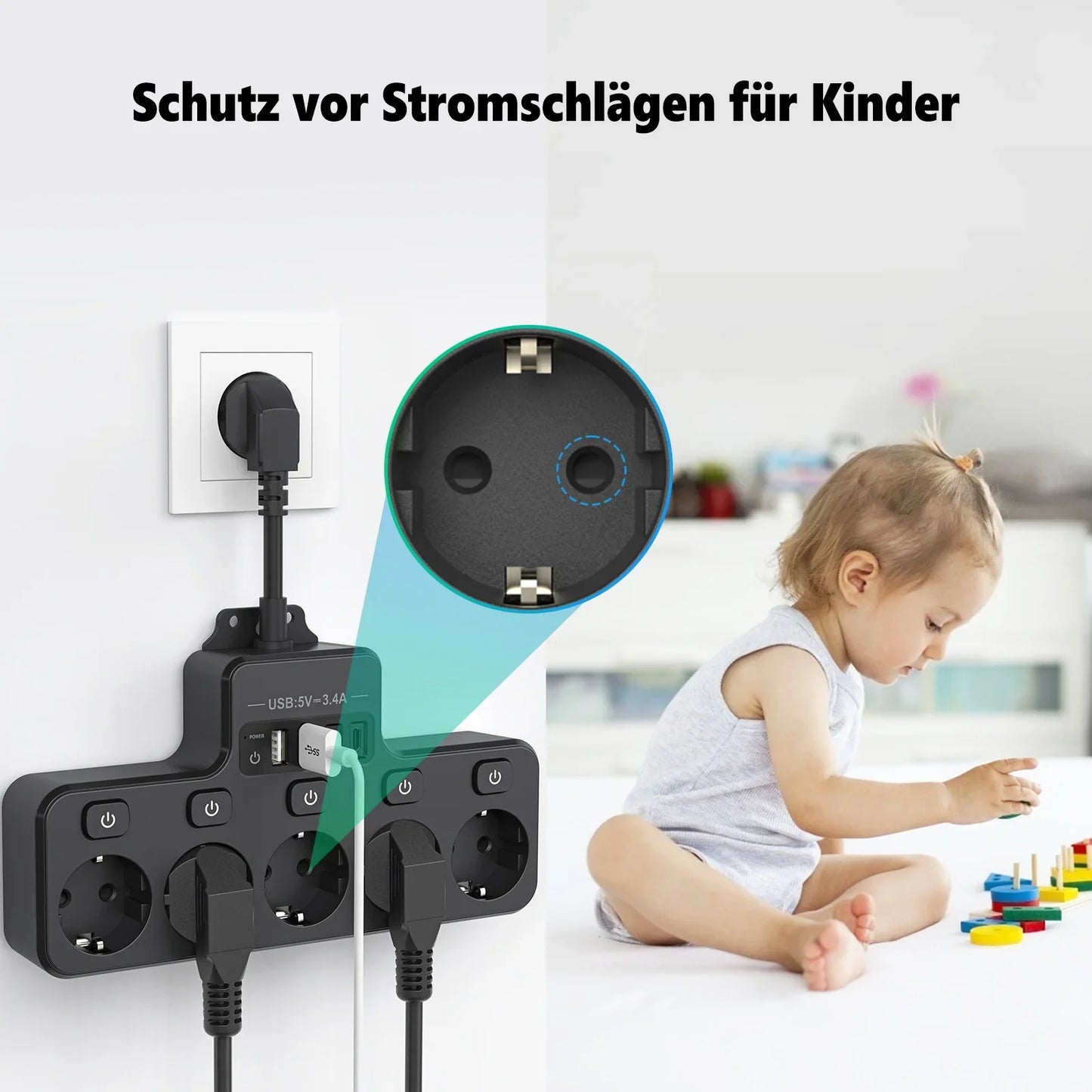 Norvo | Voltaro Pro 9-i-1 | Strømskinne EU | 5 AC-utganger + 4 USB (2× Type-C) | Individuell bryter | 16A | Kort kabel 10 cm