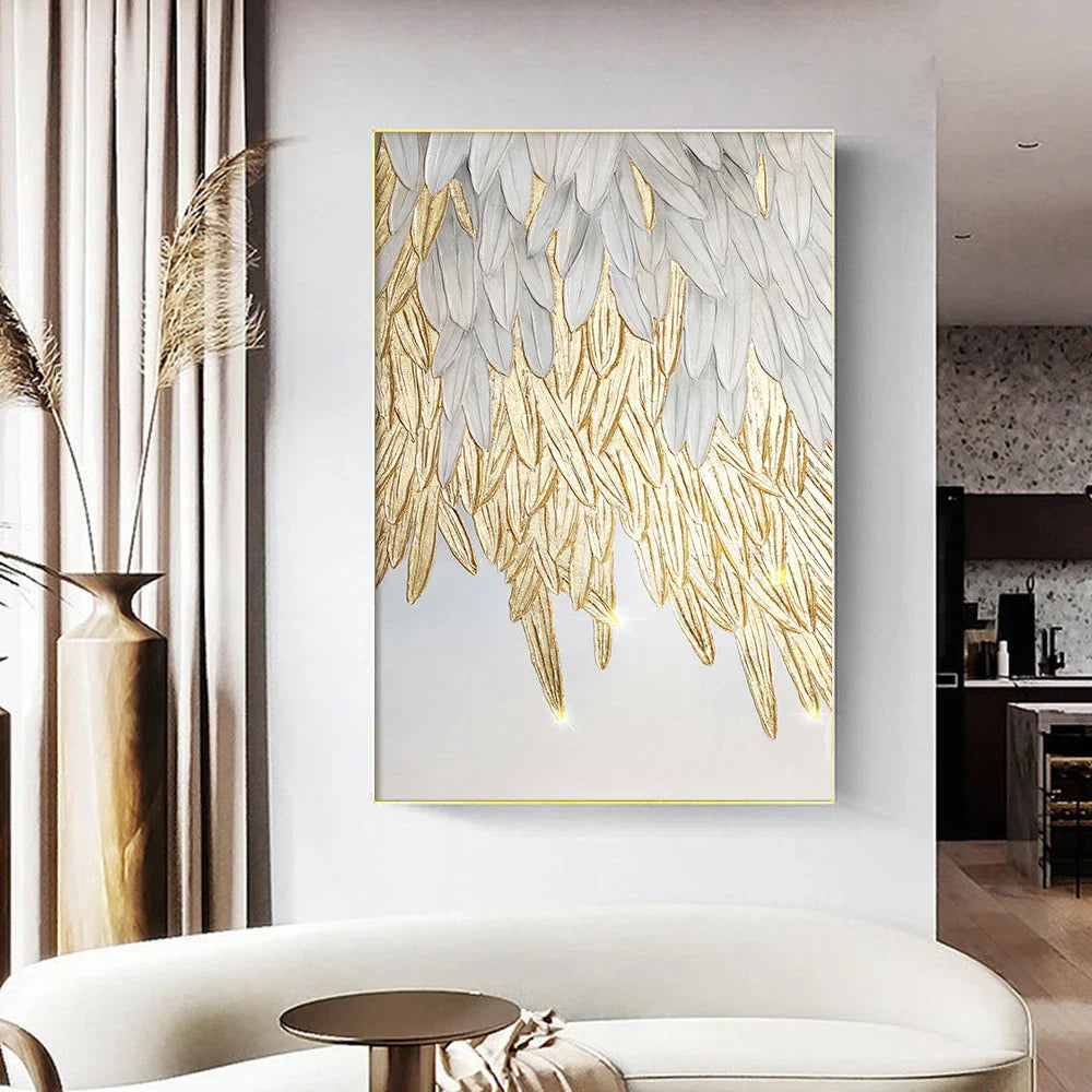 Modern Abstract Golden Feather Design Wall Art Fine Art Canvas Prints Picture For Luxury Living Room Bedroom Entryway Foyer Art Decor | Skanto