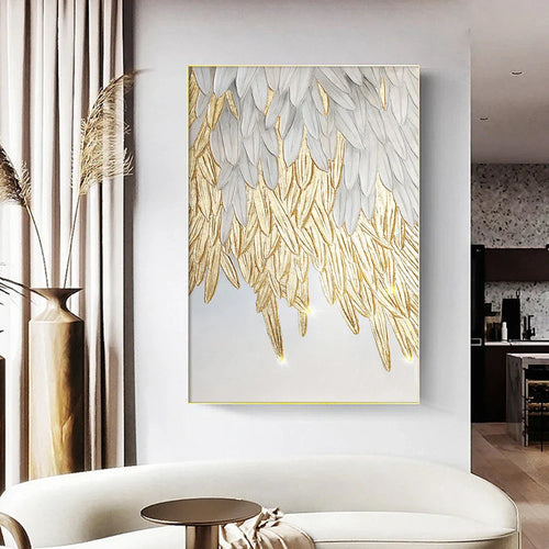 Modern Abstract Golden Feather Design Wall Art Fine Art Canvas Prints Picture For Luxury Living Room Bedroom Entryway Foyer Art Decor | Skanto
