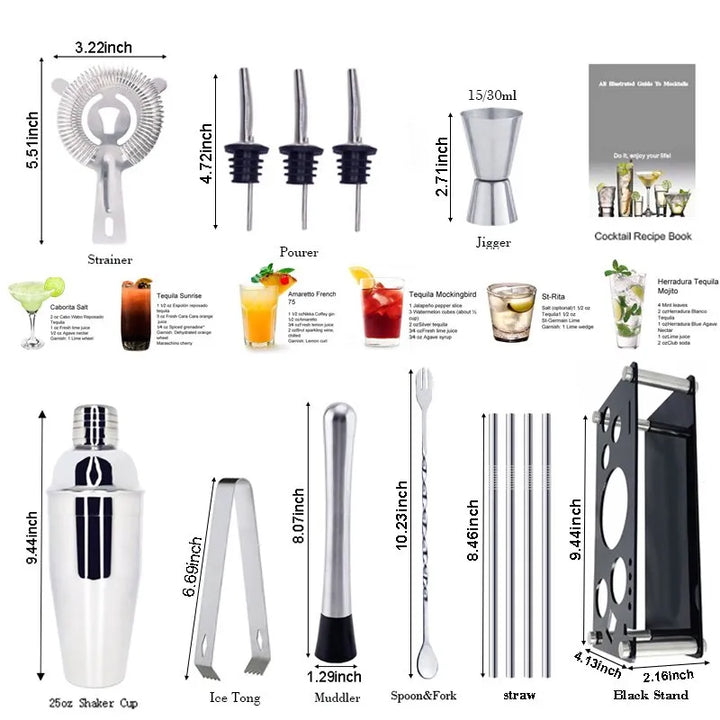 Skanto | 13-22 stk Boston Cocktail Shaker Set - 750ml & 600ml Barverktøy, Vinmikser-sett med holder - Profesjonelt bartender-verktøysett