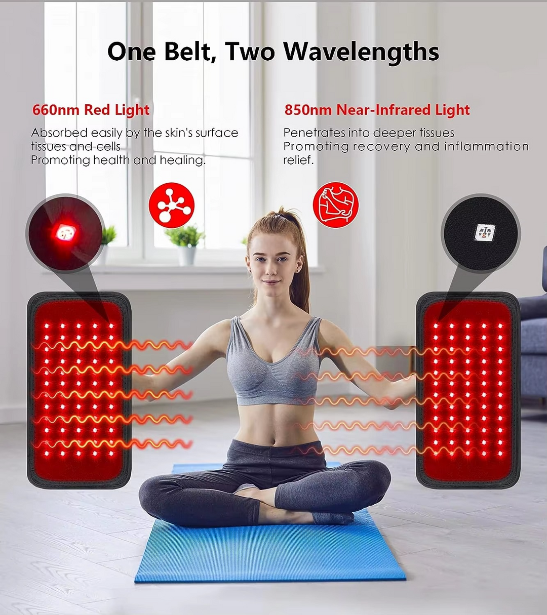 Skanto | Rød & Infrarød LED Slanking Belte med Varmebehandling - 60 Lysperler, 850nm & 660nm Bølgelengder