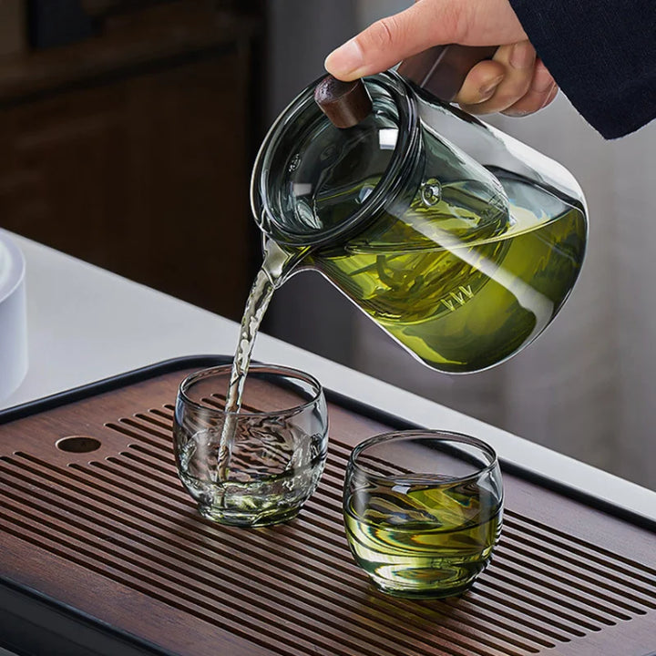 Skanto | GIANXI Retro Glass Teapot Wood Handle Kinesisk Te Seremoni Gjennomsiktig Teutstyr Sett Kopp Filter Høy Bor Silikon Kanne  530ML