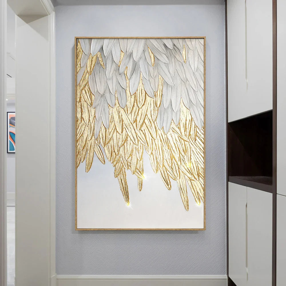 Modern Abstract Golden Feather Design Wall Art Fine Art Canvas Prints Picture For Luxury Living Room Bedroom Entryway Foyer Art Decor | Skanto