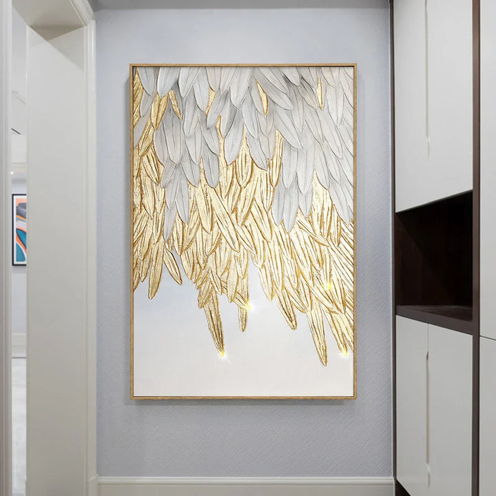 Modern Abstract Golden Feather Design Wall Art Fine Art Canvas Prints Picture For Luxury Living Room Bedroom Entryway Foyer Art Decor | Skanto