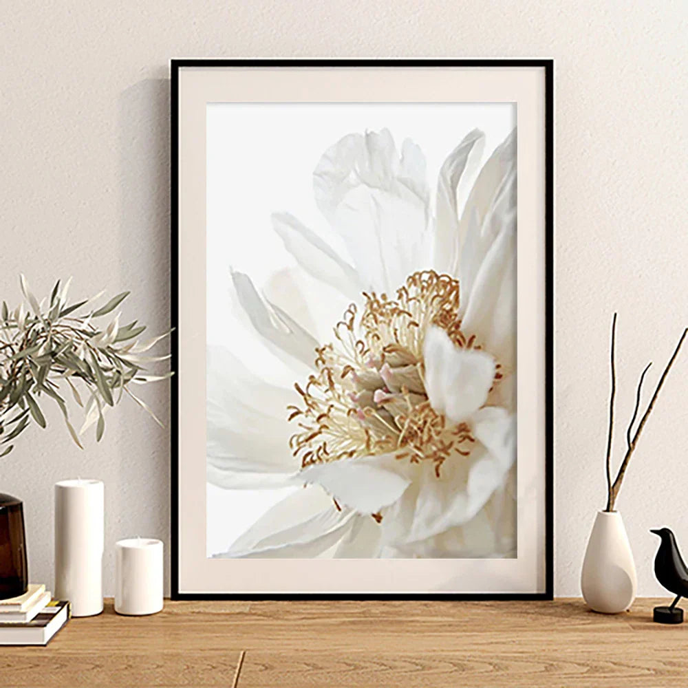 Modern White & Gold Floral Wall Art Fine Art Canvas Prints Pictures for Living Room, Dining Room, Bedroom Art Decor (Set of 3) | Skanto