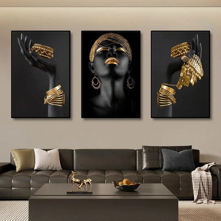 Set of 3 Black Gold Woman Portrait Wall Art Fine Art Canvas Prints Pictures for Luxury Living Room Dining Room Home Office Decor | Skanto