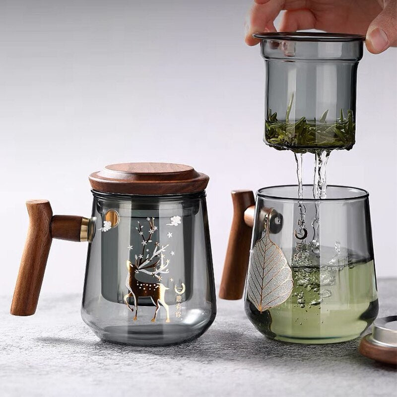 Premium Glass Tea Cup with Filter and Wooden Handle, 470ml | Skanto
