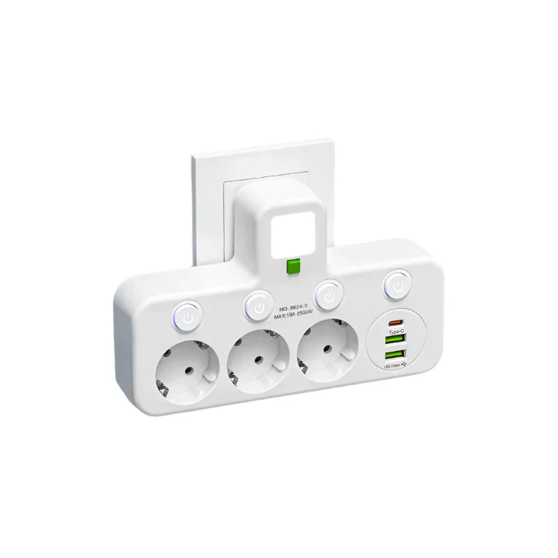 Skanto | VOLTRIQ ProLine Strømfordeler med Flere Utganger, USB Type-C og Overspenningsbeskyttelse