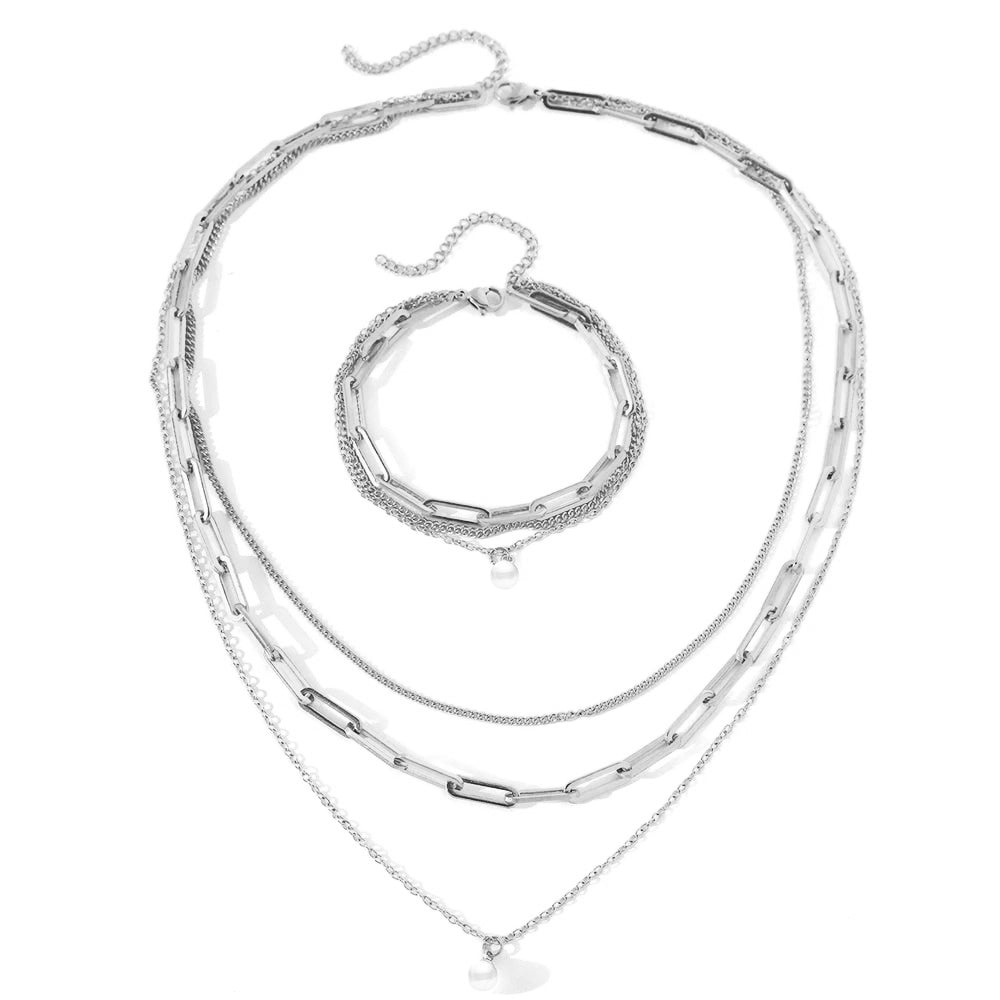 Skanto | Paperclip & Curb Chain Delikat Perle Armbånd og Halskjede Stabelsett