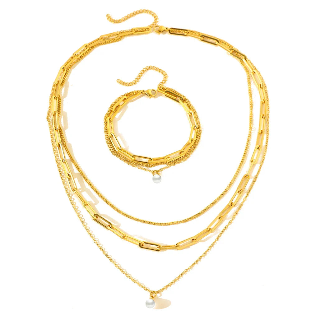Skanto | Paperclip & Curb Chain Delikat Perle Armbånd og Halskjede Stabelsett