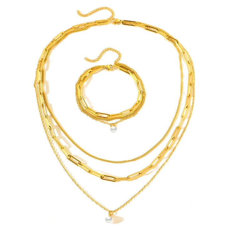 Skanto | Paperclip & Curb Chain Delikat Perle Armbånd og Halskjede Stabelsett