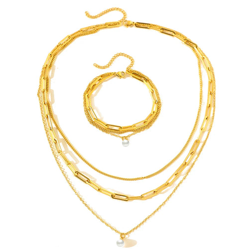 Skanto | Paperclip & Curb Chain Delikat Perle Armbånd og Halskjede Stabelsett
