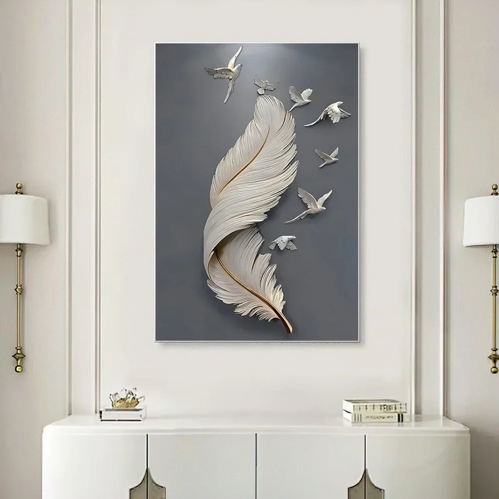Seven Birds Feather Wall Art Fine Art Canvas Prints 3D Visualization Minimalist Abstract Pictures for Living Room Entrance, Foyer Art Decor | Skanto