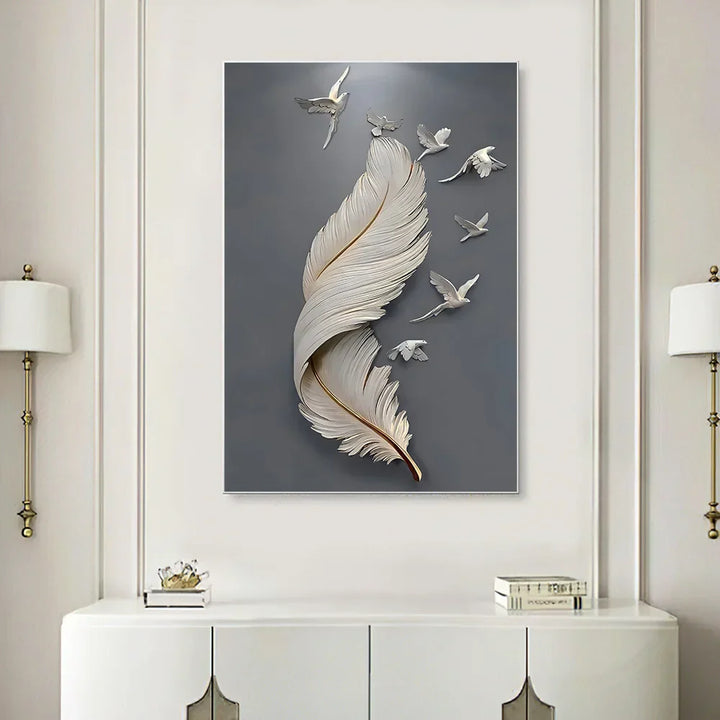 Seven Birds Feather Wall Art Fine Art Canvas Prints 3D Visualization Minimalist Abstract Pictures for Living Room Entrance, Foyer Art Decor | Skanto