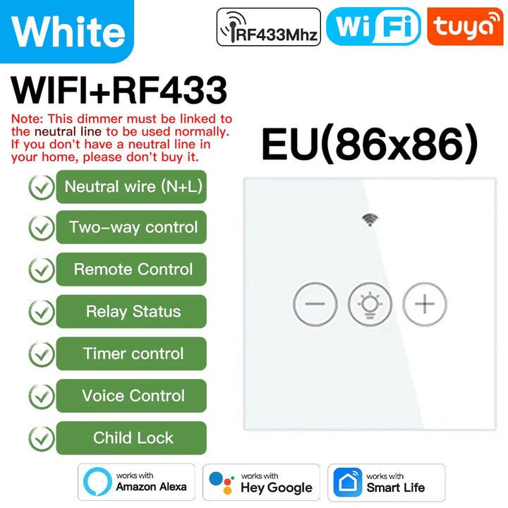 Tuya Smart Light Wall Switch med nøytral leder - WiFi-enhet Dimmerkontroll via SmartLife Google Alexa-apper