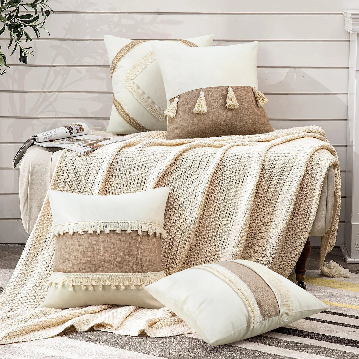 Beige Putetrekk med Geometrisk Mønster i Boho Stil – Dekorativ Sofa Putetrekk for Stue og Soverom, Koselig Hjem Deko