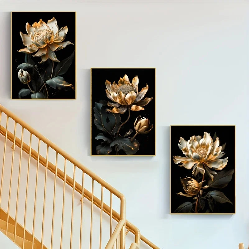 Svart Gylden Floral Veggkunst Fin Kunst Lerret Utskrifter Moderne Botaniske Bilder For Stue Soverom Lett Luksus Boliginnredning | Skanto