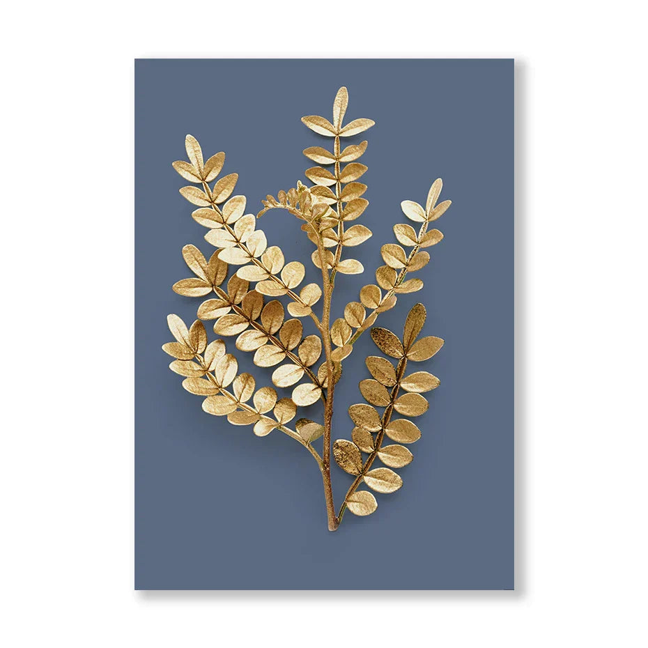 Blue Minimalist Golden Abstract Floral Wall Art Fine Art Canvas Prints Pictures for Luxury Living Room Dining Room Home Office Art Decor | Skanto
