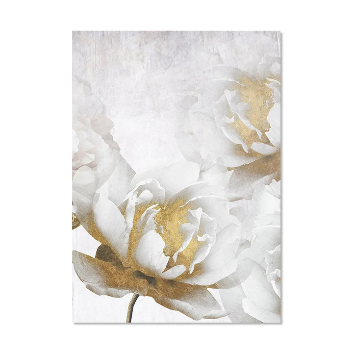 Opulent Blossoms Elegant White Flowers with Gold Accents Canvas Wall Art Fine Art Canvas Prints Posters Floral Pictures For Modern Living Room | Skanto