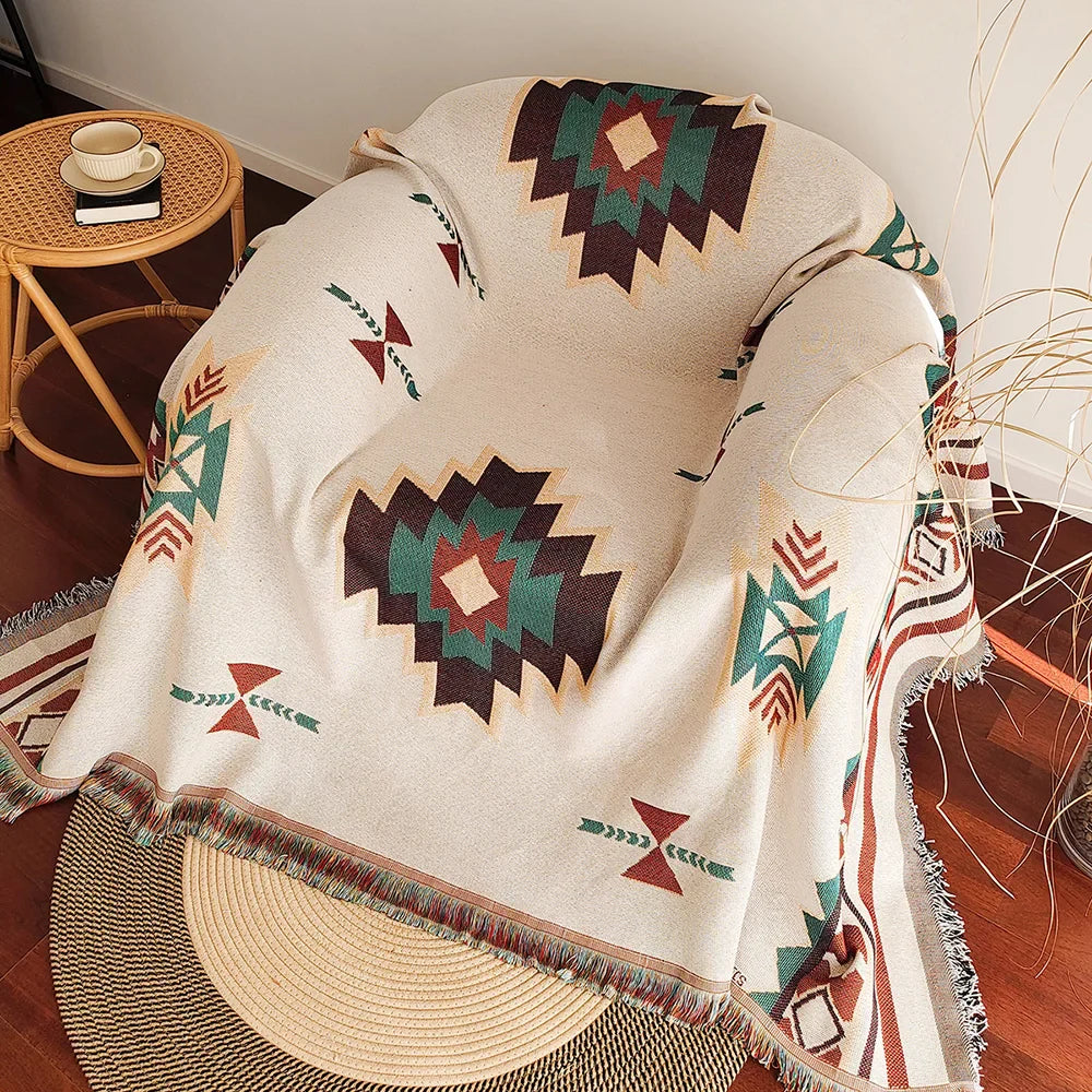 Skanto | AztecaLoom Boho Teppe | XXL Aztec Kaste med Frynser | Southwestern Etno Stil | Vintage Kaste Teppe laget av Bomullsblanding