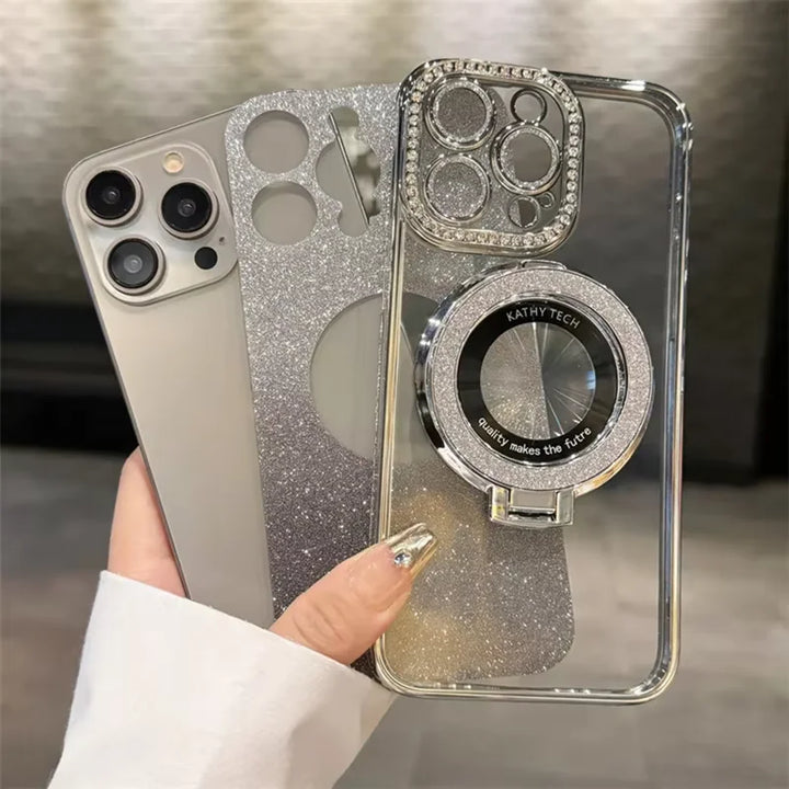 Luksus MagSafe Glitter Bling Belteveske med Ring Holder Stativ for iPhone 16 ProMax 15 11 12 13 14 Plus Diamant Trådløs Lading Silikon Deksel