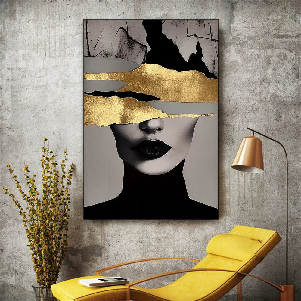 Golden Girl Fashion Wall Art Fine Art Canvas Prints Modern Abstract Portrait Pictures For Living Room Bedroom Boutique Lounge Art Decor | Skanto