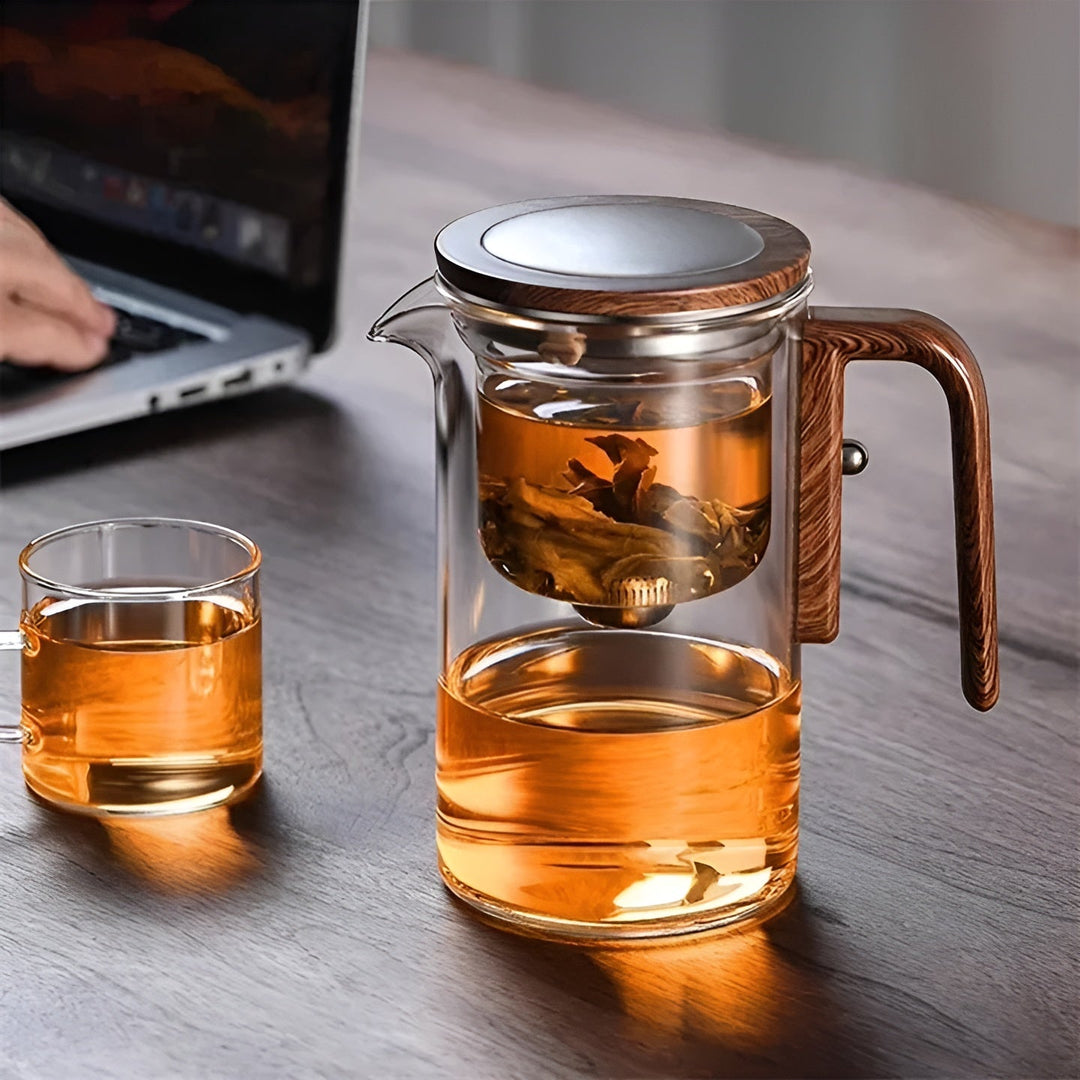 Glas tekanne med trebhandle – Én-klikks filter | Perfect for løs te & Puer | Skanto