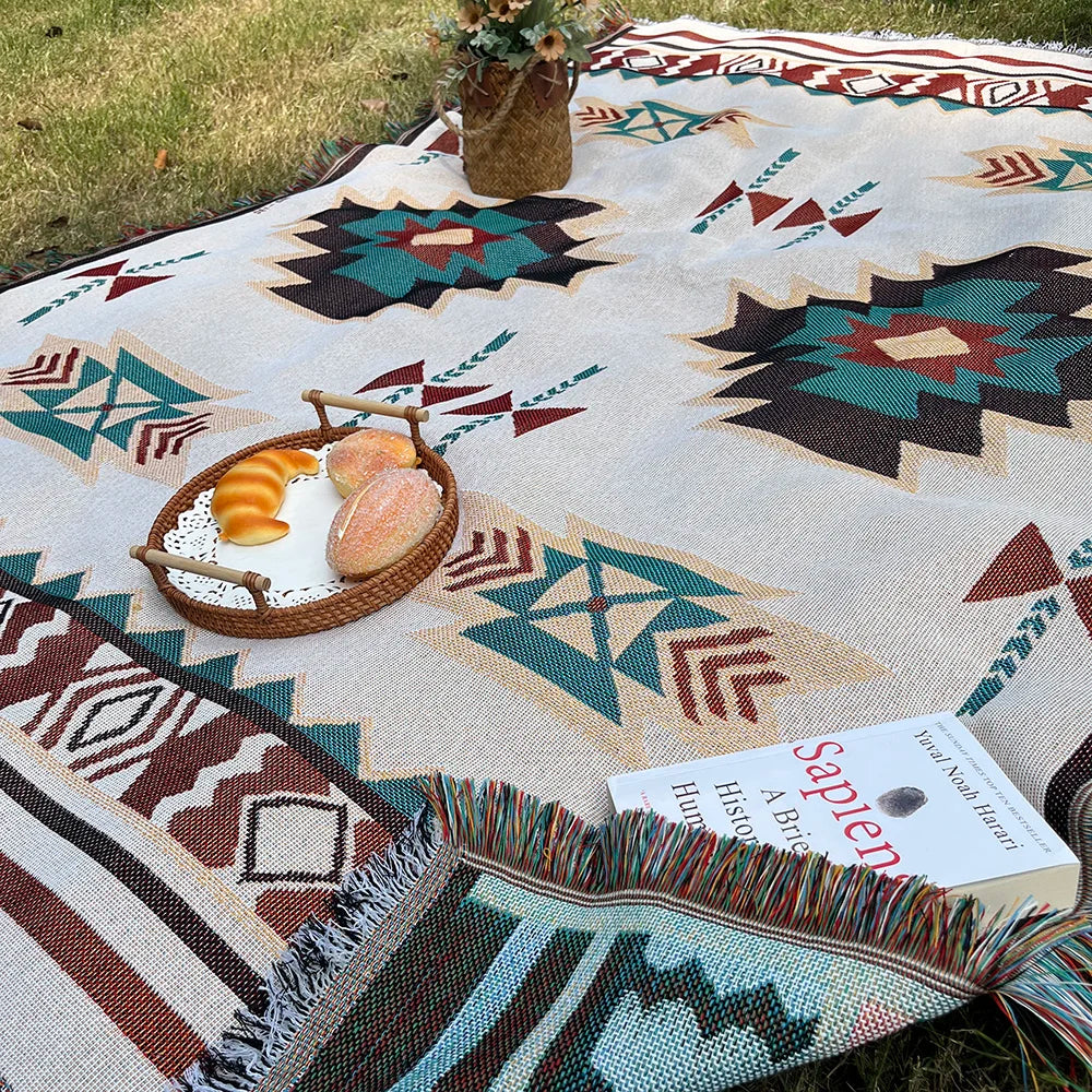 Skanto | AztecaLoom Boho Teppe | XXL Aztec Kaste med Frynser | Southwestern Etno Stil | Vintage Kaste Teppe laget av Bomullsblanding