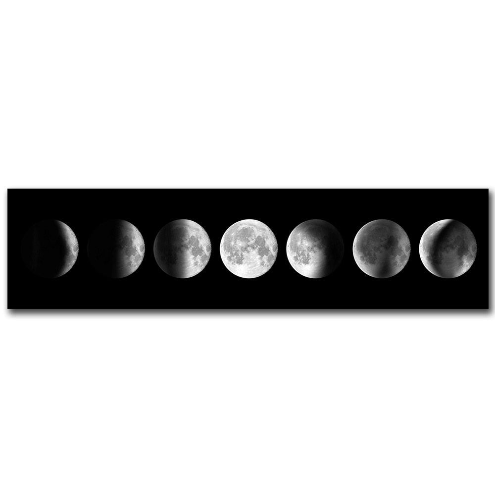 Moon Phases Wide Format Black White Wall Art Canvas Print Pictures For Bedroom Above Bed Living Room Decor | Skanto